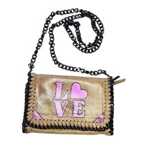 LOVE Graphic Italian Tan Leather Crossbody Chain Strap Handbag Purse